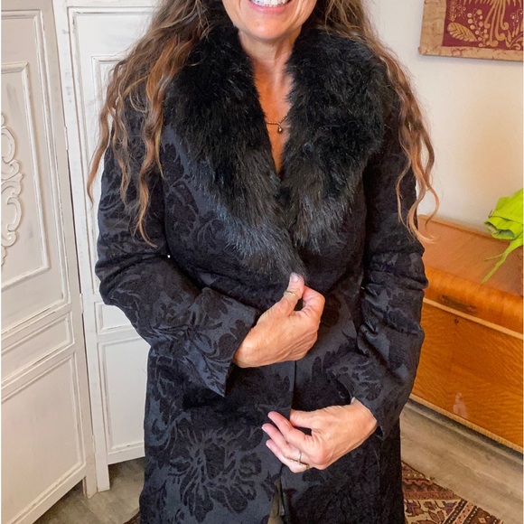 Vtg Y2K Black Coat Tapestry Brocade Faux Fur Goth Merona Pockets Punk Holiday S - Picture 2 of 12